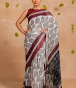 White chiffon abstract warli print  saree with unstitched blouse piece