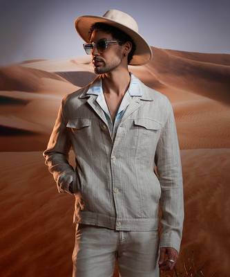 Natural chalk stripe linen cuban collar jacket 3