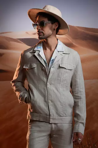 Natural chalk stripe linen cuban collar jacket