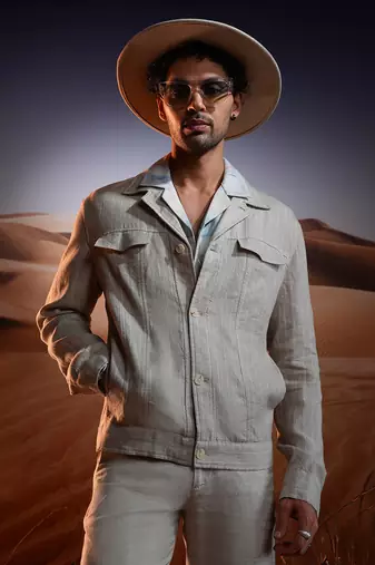 Natural chalk stripe linen cuban collar jacket