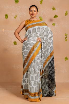 White chiffon abstract warli print  saree with unstitched blouse piece 1