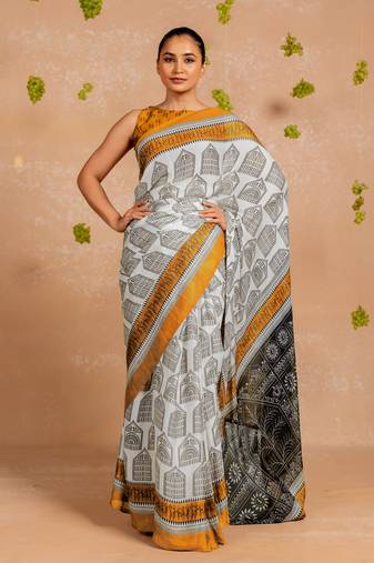 White chiffon abstract warli print  saree with unstitched blouse piece