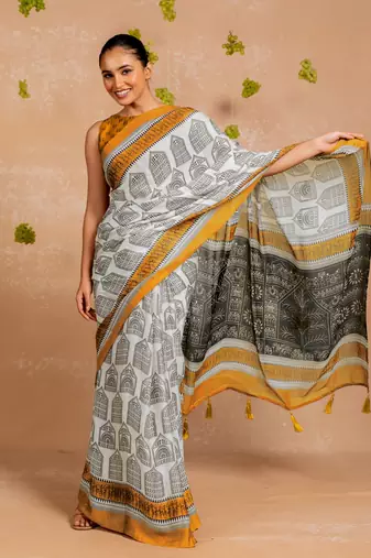 White chiffon abstract warli print  saree with unstitched blouse piece