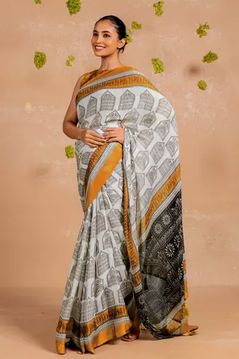 White chiffon abstract warli print  saree with unstitched blouse piece
