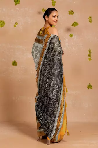 White chiffon abstract warli print  saree with unstitched blouse piece