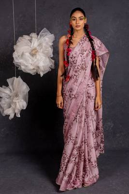 Dusty mauve chiffon floral print lace border saree with unstitched blouse piece 1