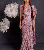 Dusty mauve chiffon floral print lace border saree with unstitched blouse piece