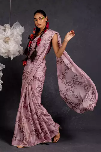 Dusty mauve chiffon floral print lace border saree with unstitched blouse piece