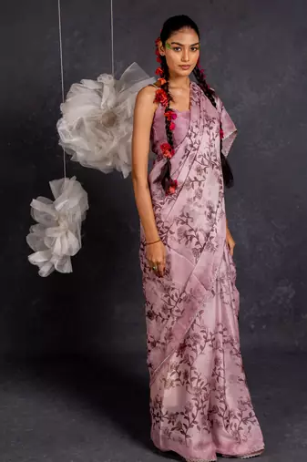 Dusty mauve chiffon floral print lace border saree with unstitched blouse piece