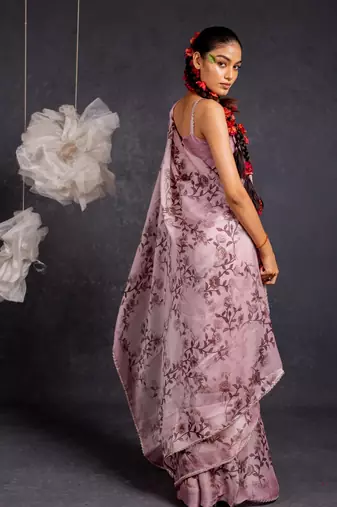 Dusty mauve chiffon floral print lace border saree with unstitched blouse piece