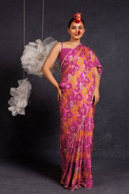 Dark pink chiffon floral print lace border saree with unstitched blouse piece 1