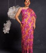 Dark pink chiffon floral print lace border saree with unstitched blouse piece