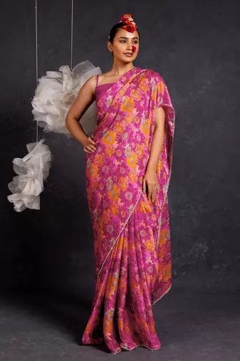 Dark pink chiffon floral print lace border saree with unstitched blouse piece