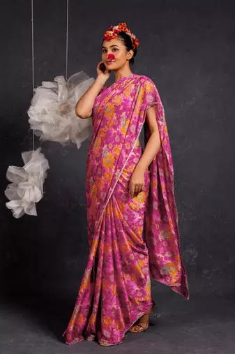 Dark pink chiffon floral print lace border saree with unstitched blouse piece