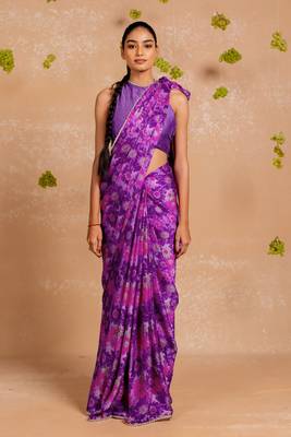 Purple chiffon floral print lace border saree with unstitched blouse piece 1