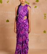 Purple chiffon floral print lace border saree with unstitched blouse piece