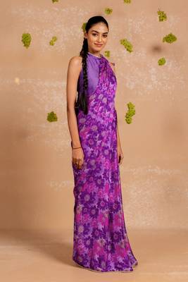 Purple chiffon floral print lace border saree with unstitched blouse piece 2