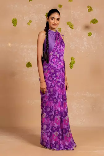 Purple chiffon floral print lace border saree with unstitched blouse piece