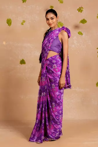 Purple chiffon floral print lace border saree with unstitched blouse piece