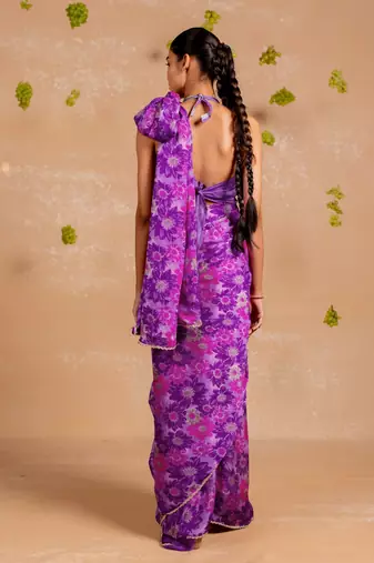 Purple chiffon floral print lace border saree with unstitched blouse piece