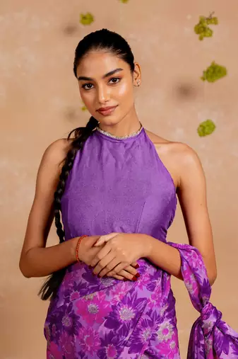 Purple chiffon floral print lace border saree with unstitched blouse piece