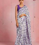 Off white cotton blend floral print pom pom lace border saree with unstitched blouse piece