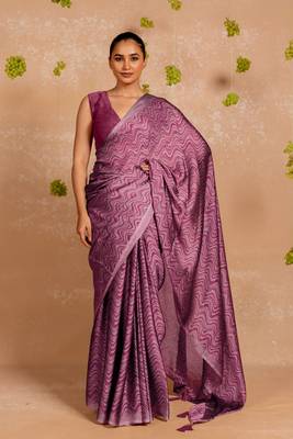 Dusty beige chiffon geometric paisley print  saree with unstitched blouse piece 1