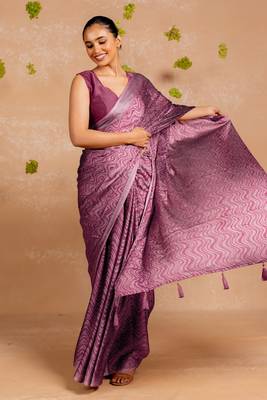 Dusty beige chiffon geometric paisley print  saree with unstitched blouse piece 2
