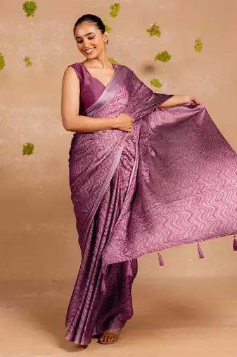 Dusty beige chiffon geometric paisley print  saree with unstitched blouse piece