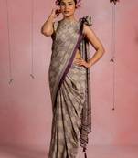 Dusty beige chiffon geometric paisley print  saree with unstitched blouse piece