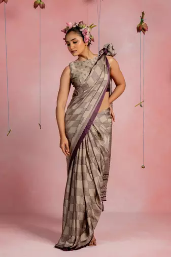 Dusty beige chiffon geometric paisley print  saree with unstitched blouse piece