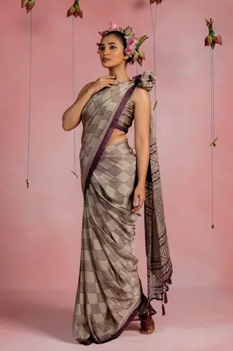 Dusty beige chiffon geometric paisley print  saree with unstitched blouse piece