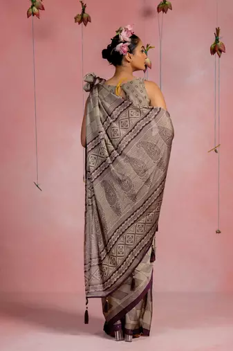 Dusty beige chiffon geometric paisley print  saree with unstitched blouse piece