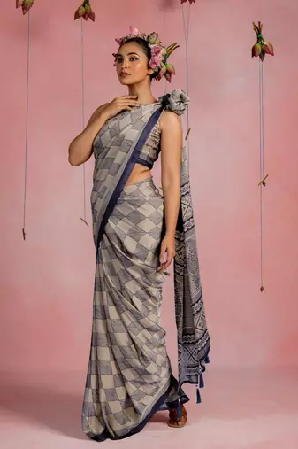 Dusty beige chiffon geometric paisley print  saree with unstitched blouse piece