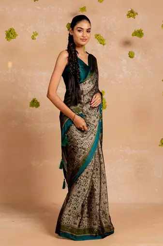 Dark dusty biege chiffon warli print  saree with unstitched blouse piece