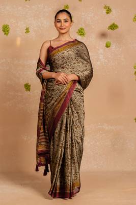 Dark dusty biege chiffon warli print  saree with unstitched blouse piece 1