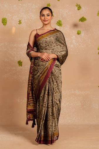 Dark dusty biege chiffon warli print  saree with unstitched blouse piece