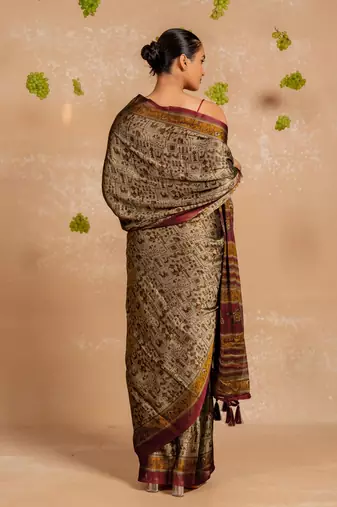 Dark dusty biege chiffon warli print  saree with unstitched blouse piece