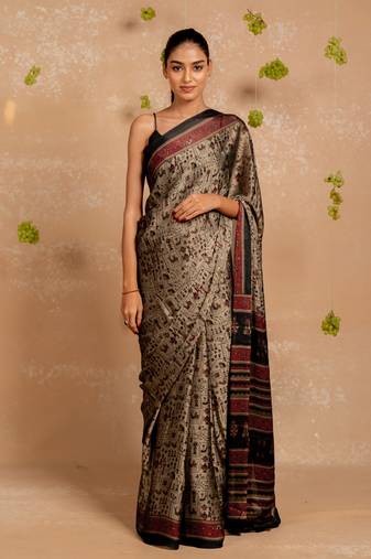 Dark dusty biege chiffon warli print  saree with unstitched blouse piece