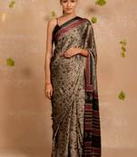 Dark dusty biege chiffon warli print  saree with unstitched blouse piece