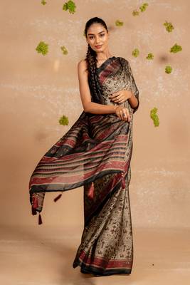 Dark dusty biege chiffon warli print  saree with unstitched blouse piece 2