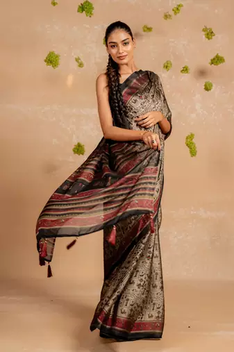 Dark dusty biege chiffon warli print  saree with unstitched blouse piece