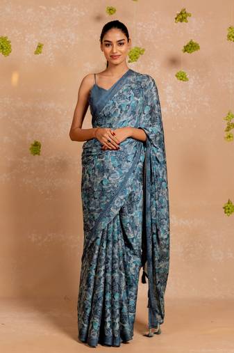 Dusty blue chiffon  floral print  saree with unstitched blouse piece