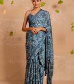 Dusty blue chiffon  floral print  saree with unstitched blouse piece