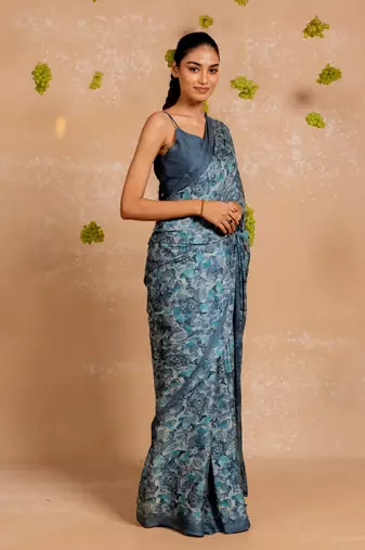 Dusty mauve chiffon  floral print  saree with unstitched blouse piece