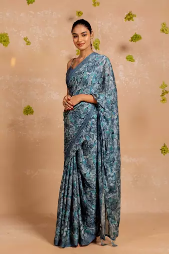 Dusty mauve chiffon  floral print  saree with unstitched blouse piece