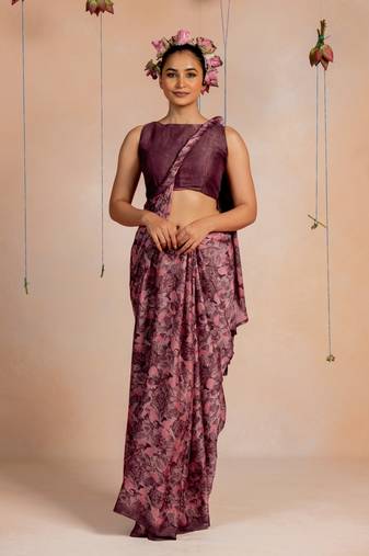 Dusty mauve chiffon  floral print  saree with unstitched blouse piece