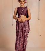 Dusty mauve chiffon  floral print  saree with unstitched blouse piece