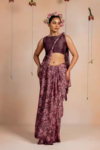 Dusty mauve chiffon  floral print  saree with unstitched blouse piece