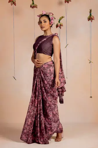 Dusty mauve chiffon  floral print  saree with unstitched blouse piece